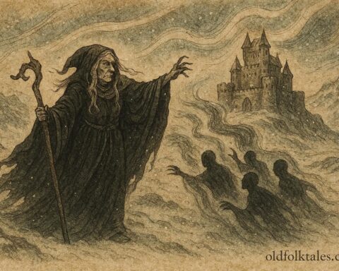 Parchment-style illustration of Louhi, ruler of Pohjola from Finnish folklore.