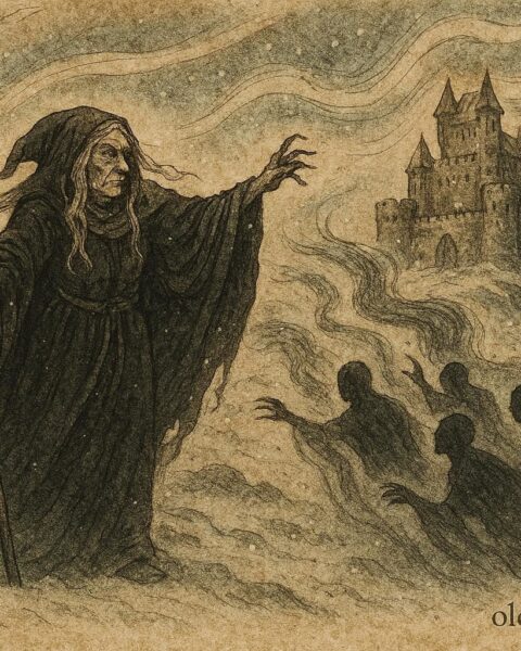 Parchment-style illustration of Louhi, ruler of Pohjola from Finnish folklore.