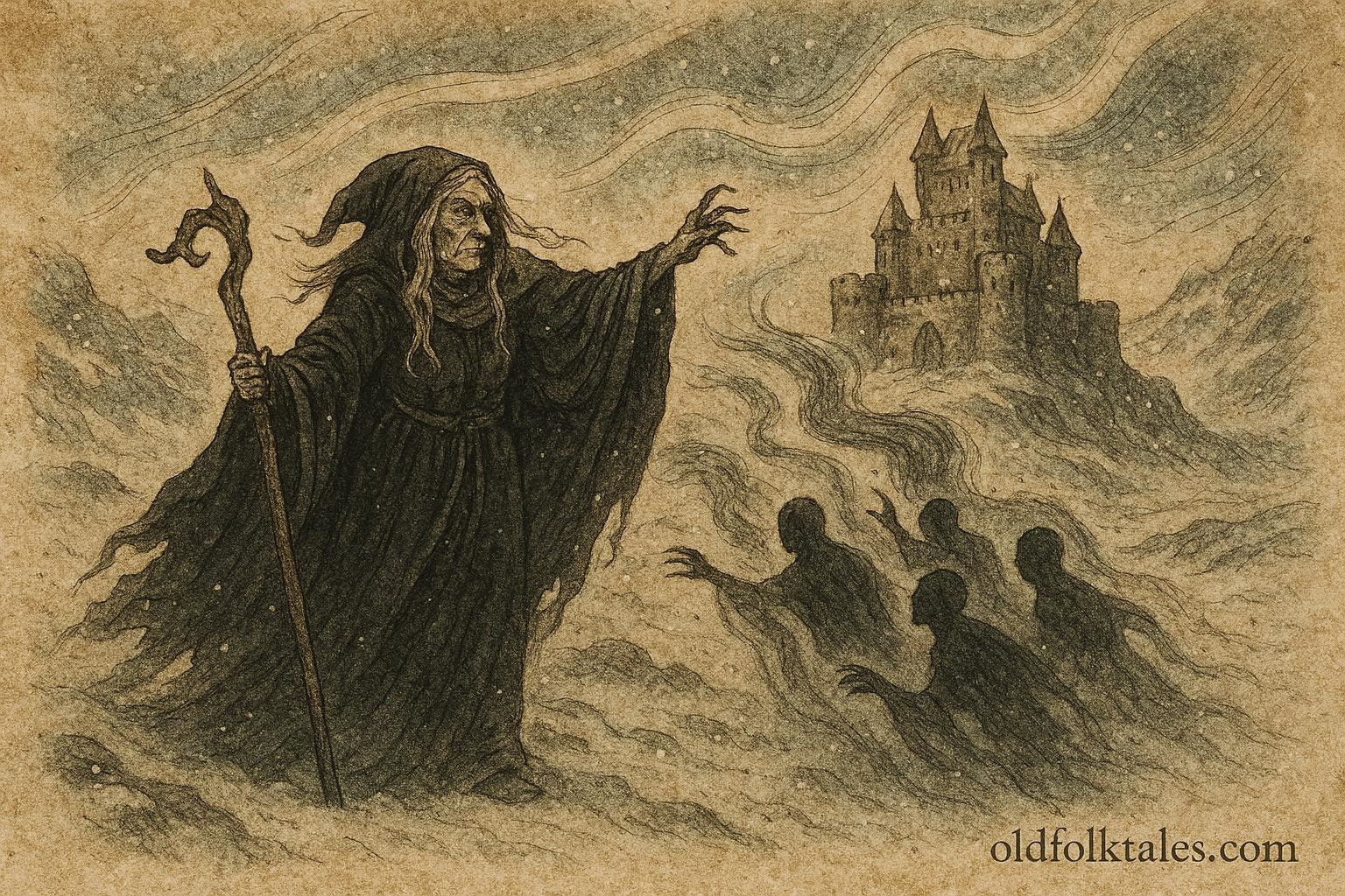 Parchment-style illustration of Louhi, ruler of Pohjola from Finnish folklore.