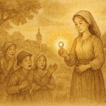 An illustration of Marica holding a magical ring in a Croatian village forest scene.