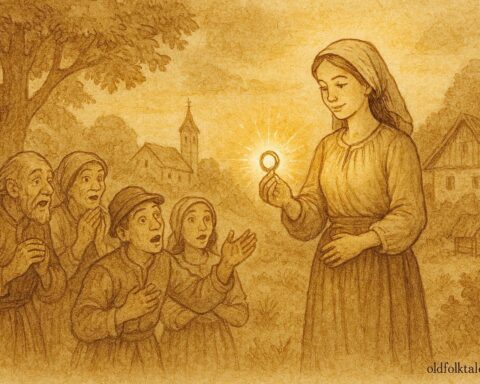 An illustration of Marica holding a magical ring in a Croatian village forest scene.