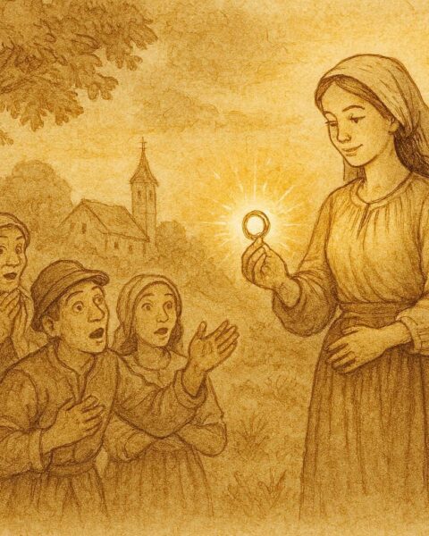 An illustration of Marica holding a magical ring in a Croatian village forest scene.