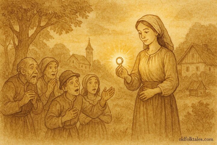An illustration of Marica holding a magical ring in a Croatian village forest scene.