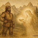 An artwork of Muji receiving strength from a Zana, Albanian folktale.