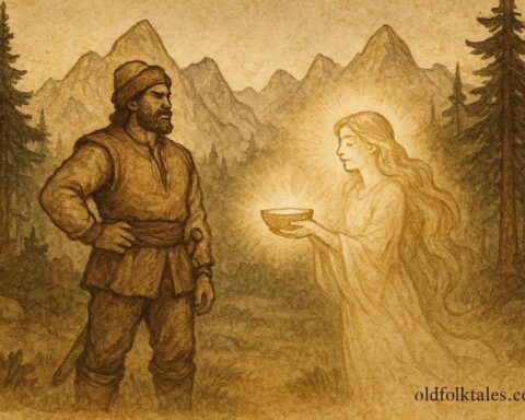 An artwork of Muji receiving strength from a Zana, Albanian folktale.