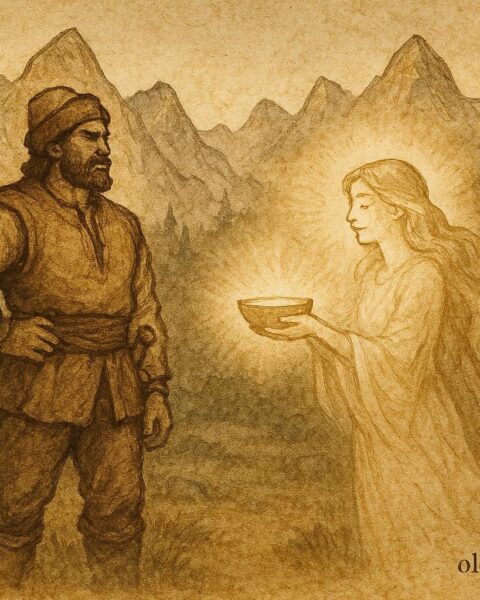 An artwork of Muji receiving strength from a Zana, Albanian folktale.