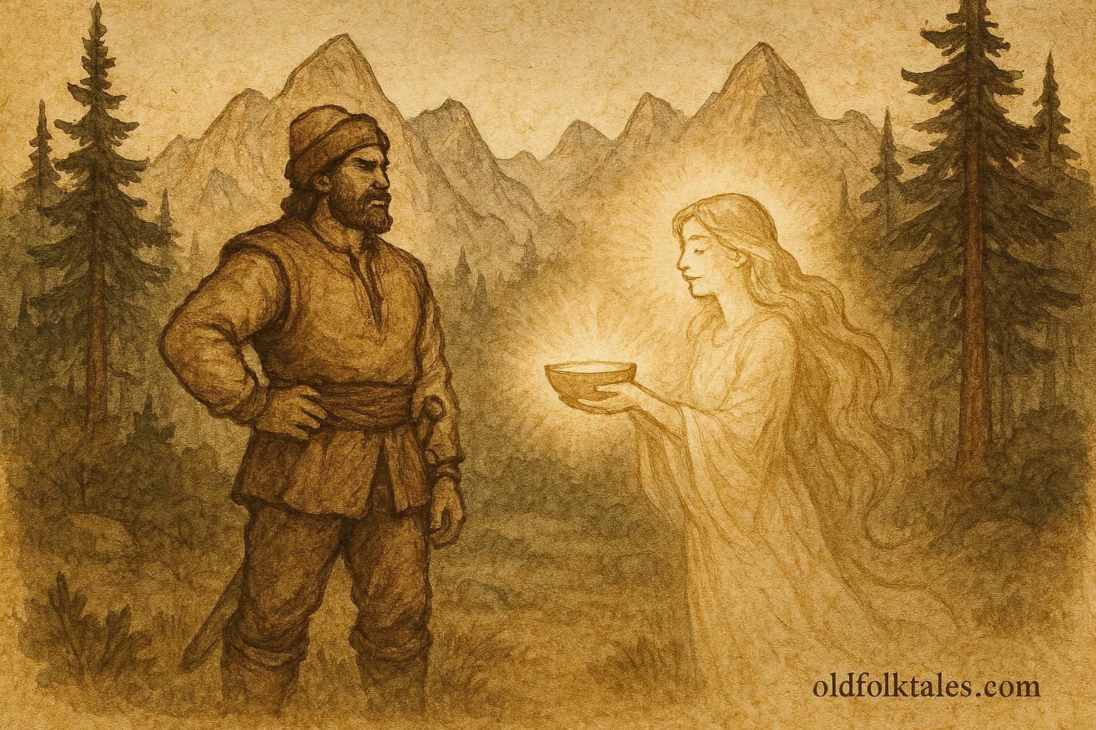 An artwork of Muji receiving strength from a Zana, Albanian folktale.