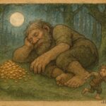 Parchment-style artwork of Pelle quietly taking gold from a sleeping giant, northern Sweden folktale.