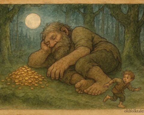 Parchment-style artwork of Pelle quietly taking gold from a sleeping giant, northern Sweden folktale.