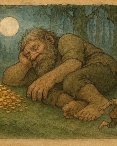 Parchment-style artwork of Pelle quietly taking gold from a sleeping giant, northern Sweden folktale.