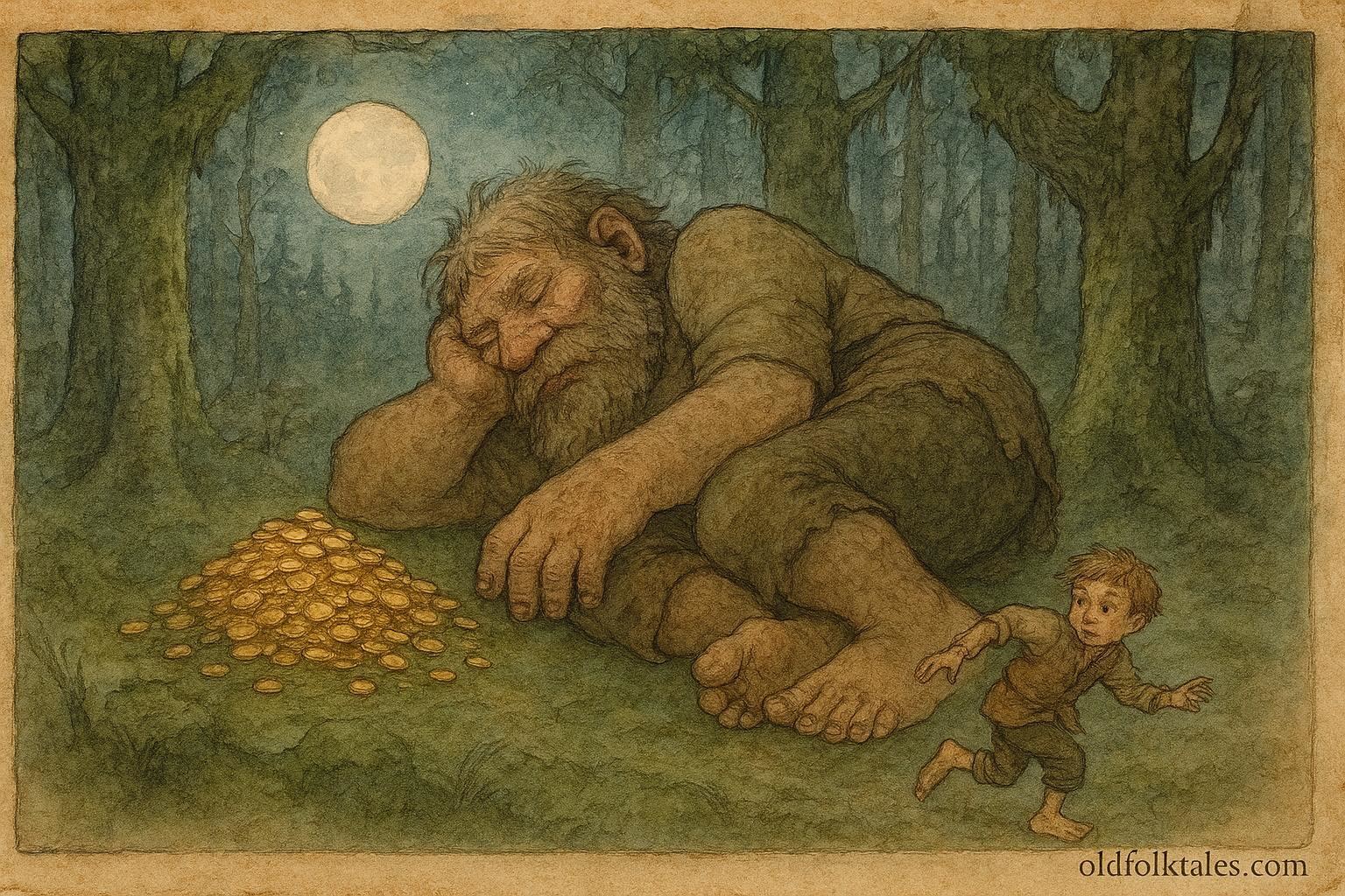 Parchment-style artwork of Pelle quietly taking gold from a sleeping giant, northern Sweden folktale.