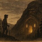 Parchment-style illustration of Per Gynt near a troll hall, Norwegian folktale scene.