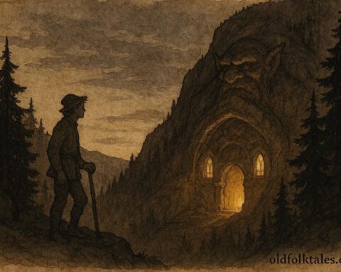 Parchment-style illustration of Per Gynt near a troll hall, Norwegian folktale scene.
