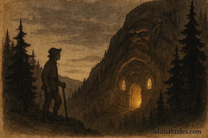 Parchment-style illustration of Per Gynt near a troll hall, Norwegian folktale scene.