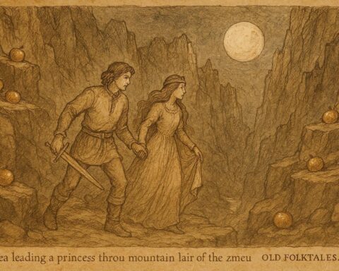 An illustration of Prâslea rescuing the princess from the zmeu, Romanian folklore scene with golden apples.