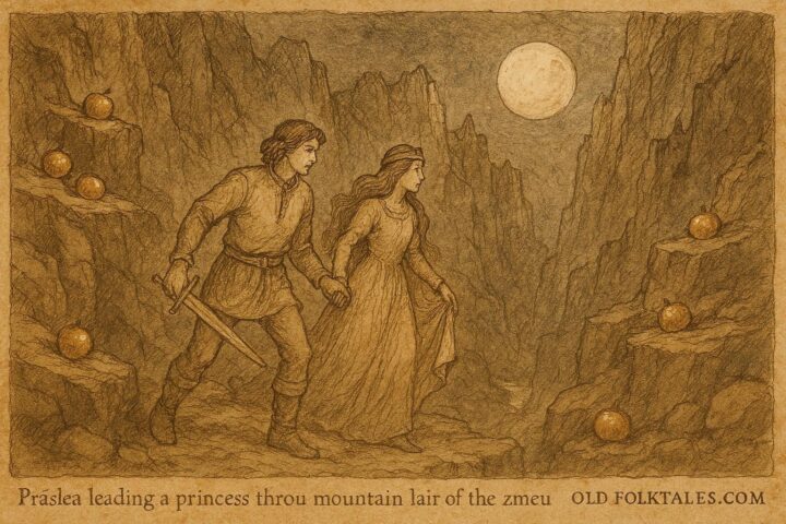 An illustration of Prâslea rescuing the princess from the zmeu, Romanian folklore scene with golden apples.