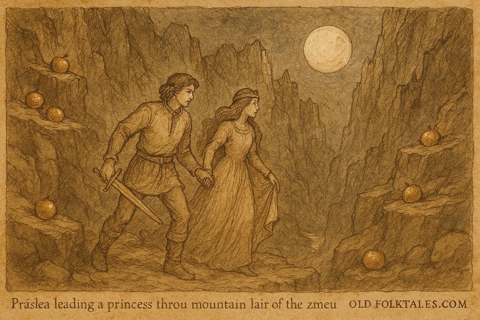 An illustration of Prâslea rescuing the princess from the zmeu, Romanian folklore scene with golden apples.