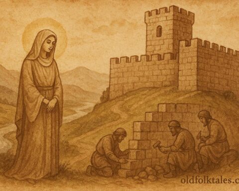 An illustration of Rozafa in castle wall, Albanian folktale scene.