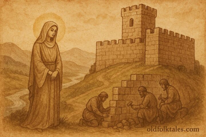An illustration of Rozafa in castle wall, Albanian folktale scene.