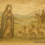 Parchment-style artwork of Saint Melangell protecting hare, Welsh Powys legend scene.