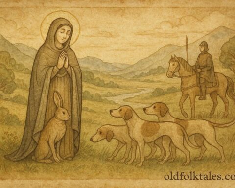 Parchment-style artwork of Saint Melangell protecting hare, Welsh Powys legend scene.