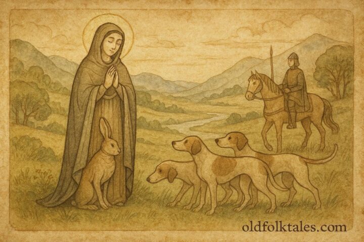 Parchment-style artwork of Saint Melangell protecting hare, Welsh Powys legend scene.