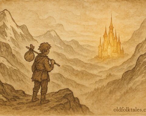 Parchment-style illustration of Soria Moria Castle beyond mountains, Norwegian folktale scene.