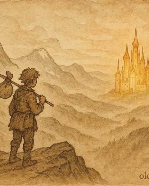 Parchment-style illustration of Soria Moria Castle beyond mountains, Norwegian folktale scene.