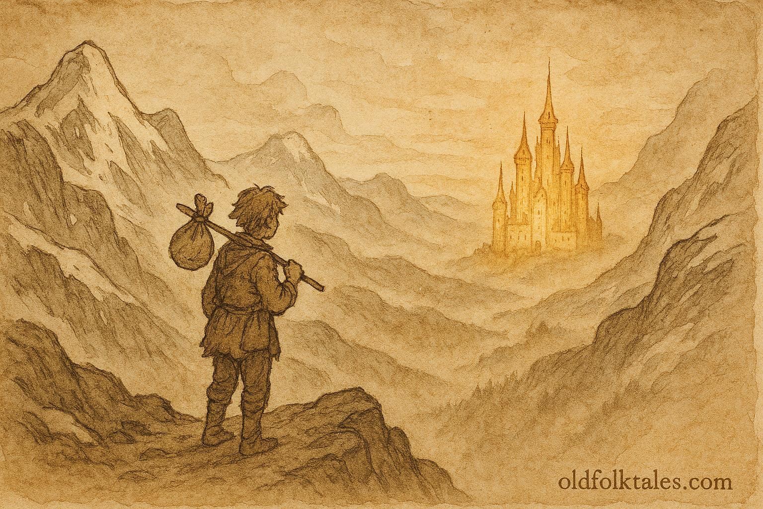 Parchment-style illustration of Soria Moria Castle beyond mountains, Norwegian folktale scene.