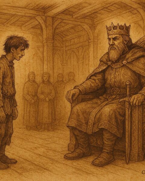 Parchment-style illustration of the Ash Lad answering the king’s riddles, Norwegian folktale scene.