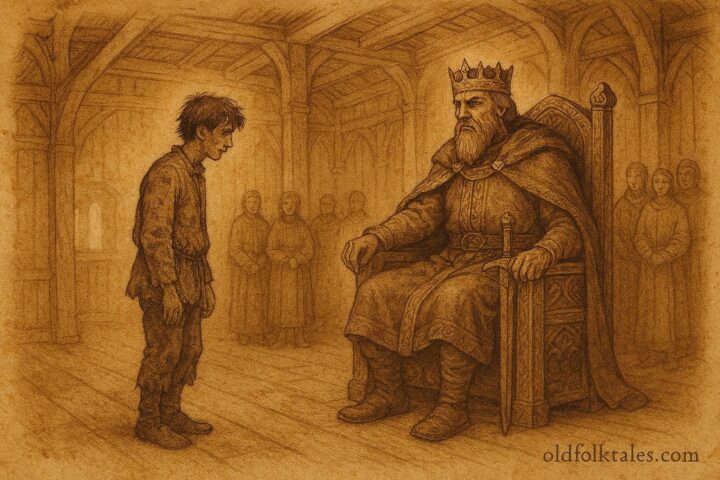 Parchment-style illustration of the Ash Lad answering the king’s riddles, Norwegian folktale scene.