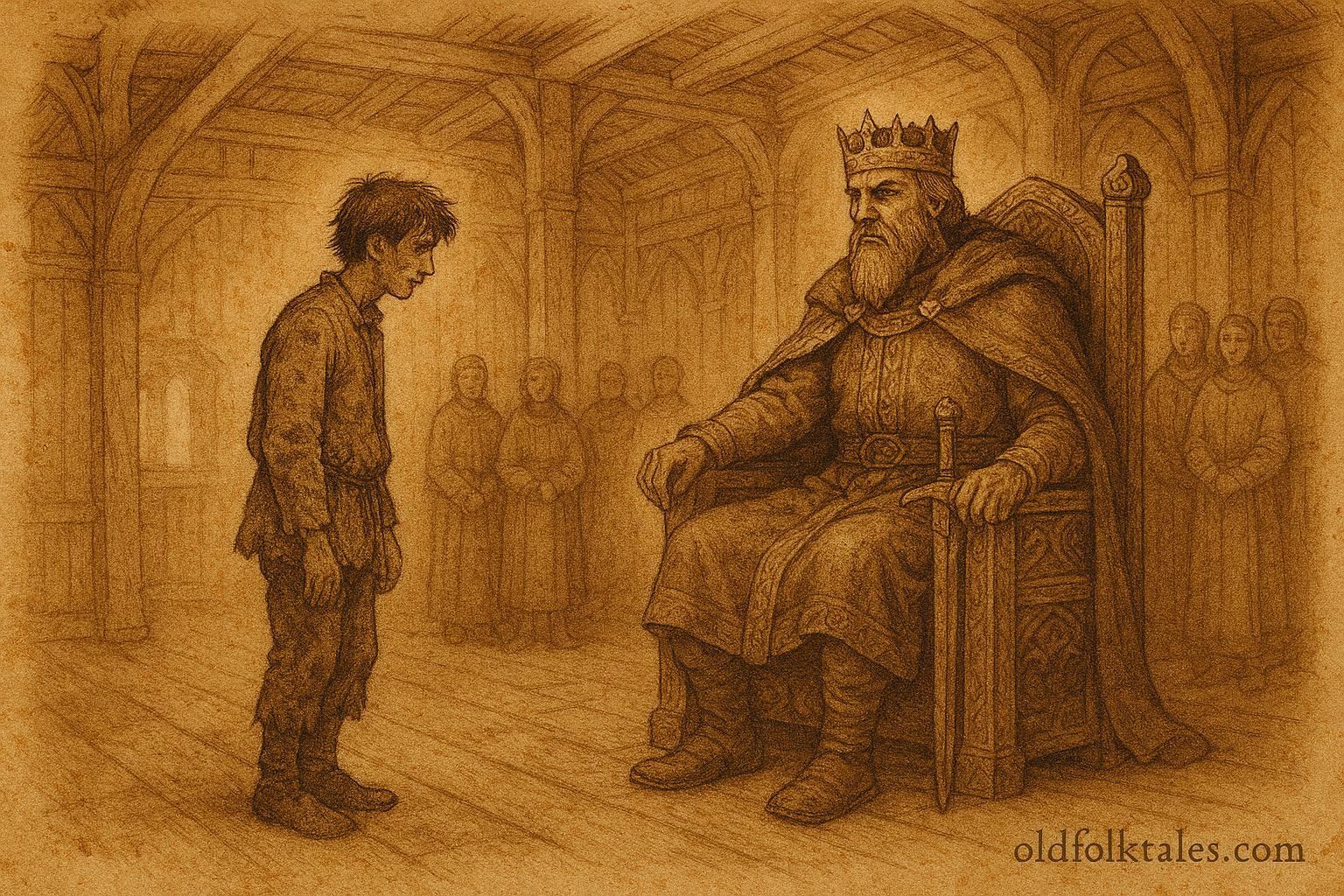 Parchment-style illustration of the Ash Lad answering the king’s riddles, Norwegian folktale scene.