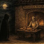 An artwork of Bosnian baker welcoming cloaked midnight traveler, folklore scene.