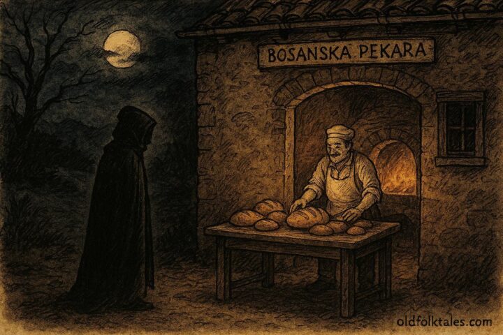 An artwork of Bosnian baker welcoming cloaked midnight traveler, folklore scene.