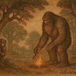 Parchment-style artwork of Basajaun guarding fire in a Basque forest, mythological scene.