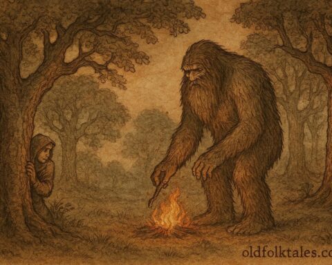 Parchment-style artwork of Basajaun guarding fire in a Basque forest, mythological scene.