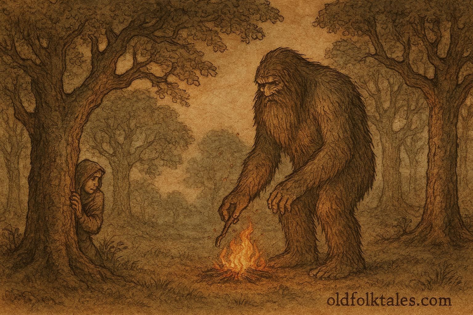 Parchment-style artwork of Basajaun guarding fire in a Basque forest, mythological scene.