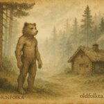 Parchment-style illustration of Karhunpoika, the bear-born hero from Finnish folklore.