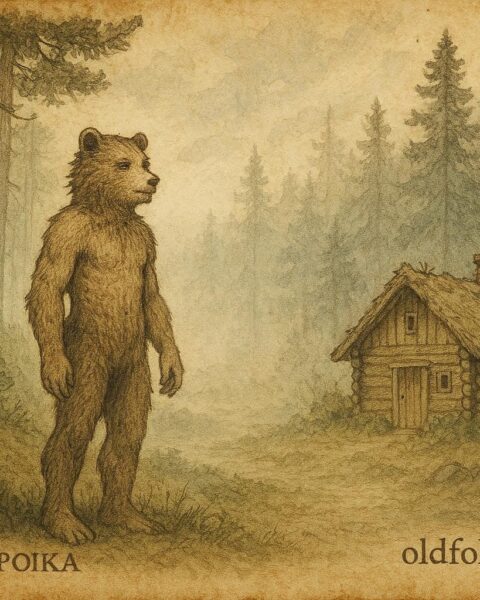 Parchment-style illustration of Karhunpoika, the bear-born hero from Finnish folklore.