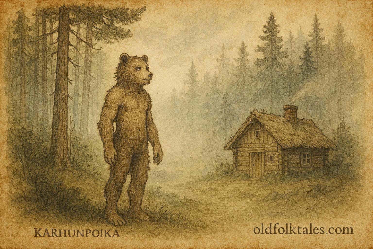 Parchment-style illustration of Karhunpoika, the bear-born hero from Finnish folklore.