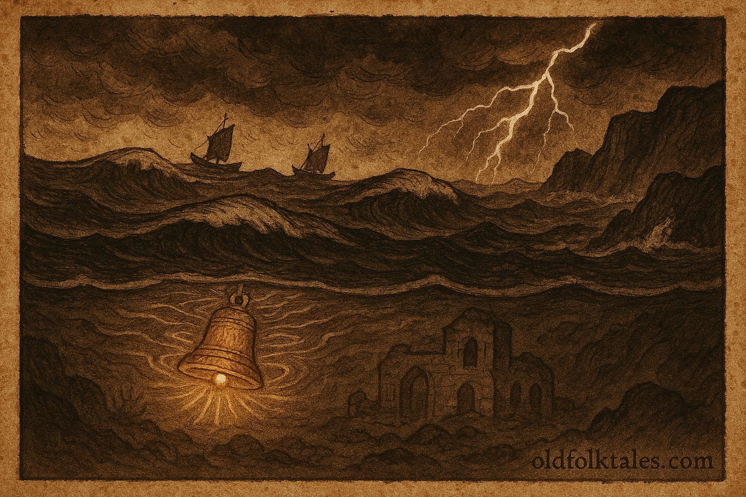 Parchment-style artwork of a sunken Galician village with a glowing bell beneath the sea.
