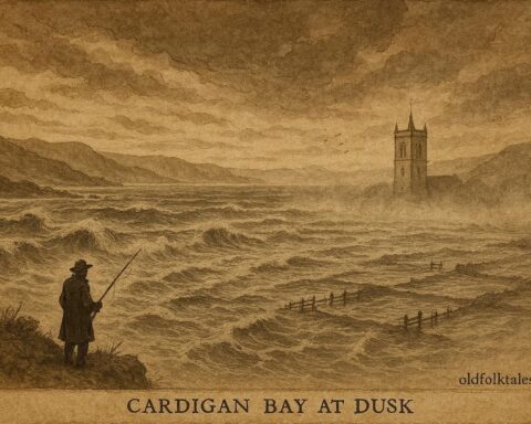 An artwork of Cardigan Bay with sunken church tower, Welsh legend scene.