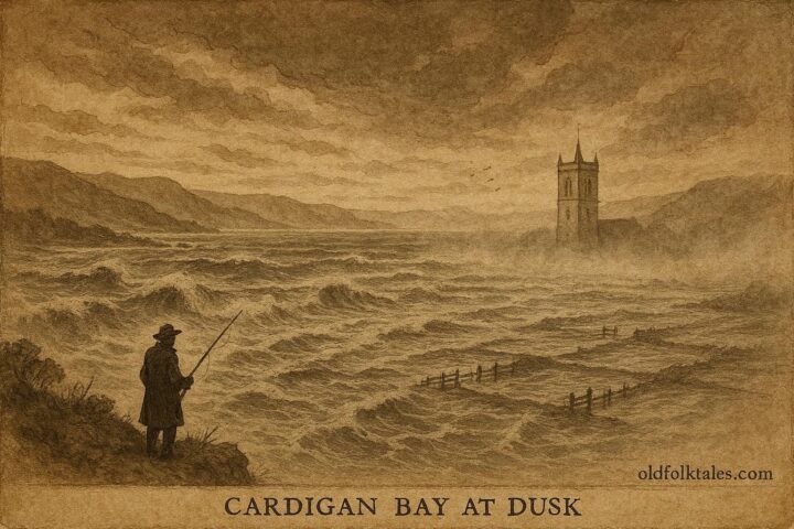 An artwork of Cardigan Bay with sunken church tower, Welsh legend scene.