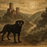 An illustration of a black hound guarding Esch-sur-Sûre Castle, Luxembourg folklore.