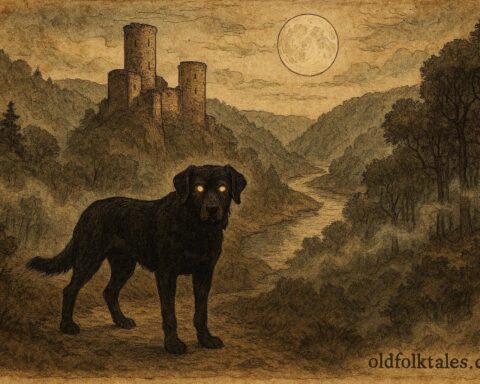 An illustration of a black hound guarding Esch-sur-Sûre Castle, Luxembourg folklore.