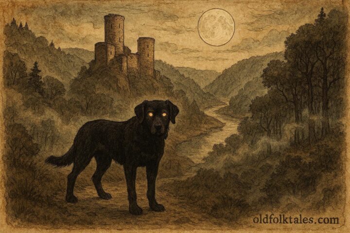 An illustration of a black hound guarding Esch-sur-Sûre Castle, Luxembourg folklore.