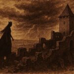 An illustration of Black Queen haunting Medvedgrad fortress above Zagreb, Croatia.