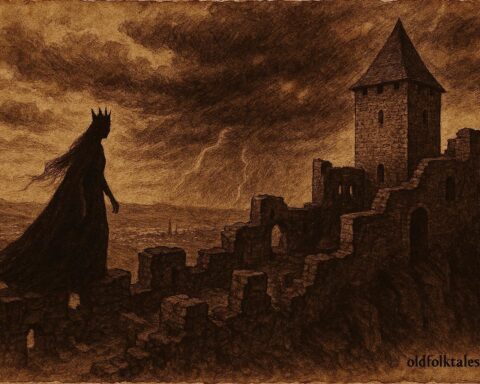 An illustration of Black Queen haunting Medvedgrad fortress above Zagreb, Croatia.