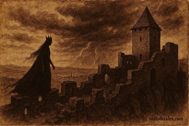 An illustration of Black Queen haunting Medvedgrad fortress above Zagreb, Croatia.