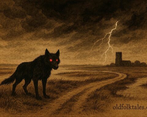 An artwork of Black Shuck ghost dog in East Anglia, England.